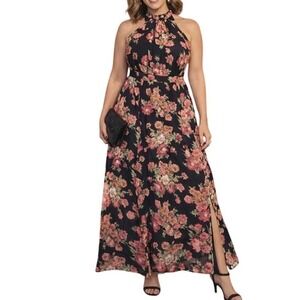 Lane Bryant Women's Bright Floral Printed High Neck Tie-Halter Maxi Dress Sz 18